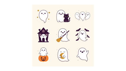 Obraz premium Set of cute pixel art halloween ghosts with pumpkin and house