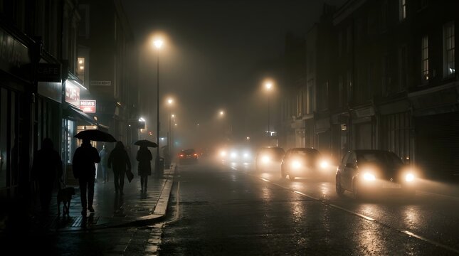 People walking with umbrellas on foggy city street at night illuminated by streetlights photography
