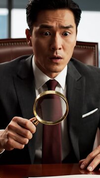 An Asian corporate executive intensely inspects a document with a golden magnifying glass. He suddenly reacts with wide-eyed shock and bewilderment before lowering the lens, seated in a leather chair 