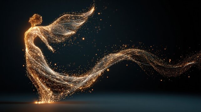 Transformation and freedom concept ethereal golden spirit figure with wings made of glowing particles dancing in dark space Abstract representation of growth and awakening