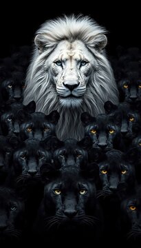 White lion face emerging from herd of black panthers