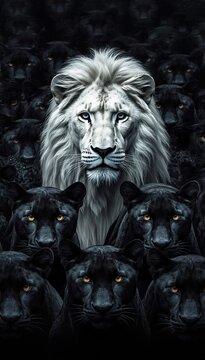 White lion centered among surrounding black panthers in darkness