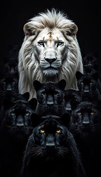 White lion towering above crowd of black panthers