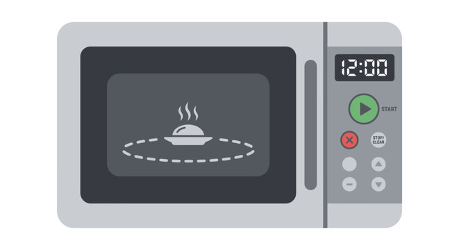 Gray microwave oven with digital display and control panel flat vector illustration