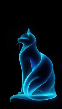 Glowing blue neon cat sitting in profile against black background
