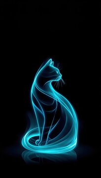 Stylized neon blue cat sitting with reflection on black background