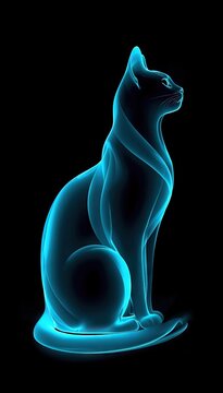 Blue glowing cat sitting in profile on black background