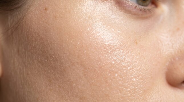 Skin texture closeup shows natural human facial pores and dermal features in detail.