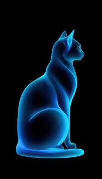 Glowing blue cat silhouette sitting against black background