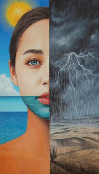 Split face woman with ocean sun and stormy desert landscape