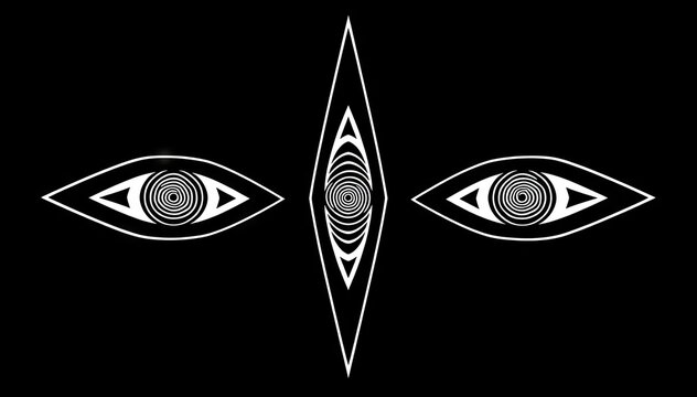 White tribal eye emblem symmetric design on black background