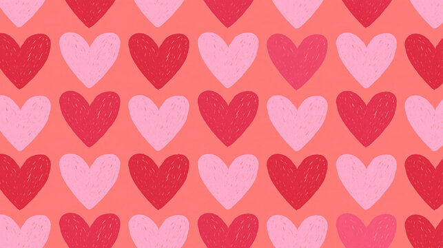 Seamless repeating pattern of alternating dark and light pink hand-drawn hearts on a bright coral pink background, perfect for Valentine's Day decoration and textile design, with