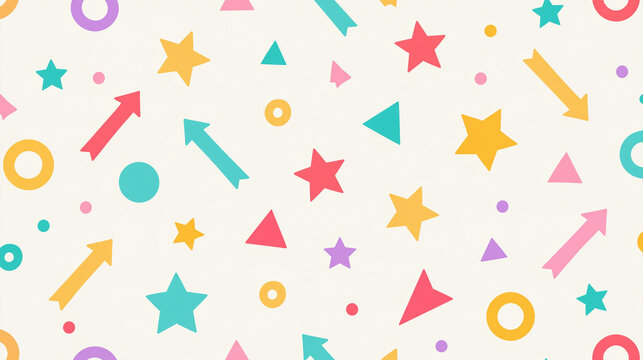 Horizontal pattern featuring cute pastel confetti shapes falling in a seamless design, including arrows, stars, circles and triangles, with copy space