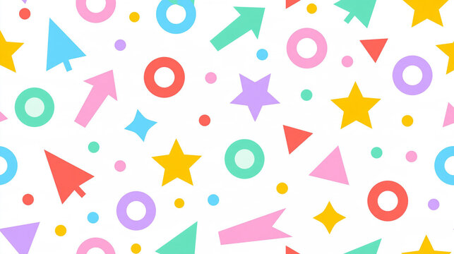 Horizontal pattern featuring cute pastel confetti shapes falling in a seamless design, including arrows, stars, circles and triangles, with copy space