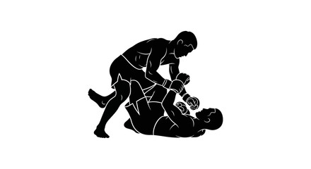 Fototapeta premium Silhouette of two male figures grappling in a boxing or wrestling match