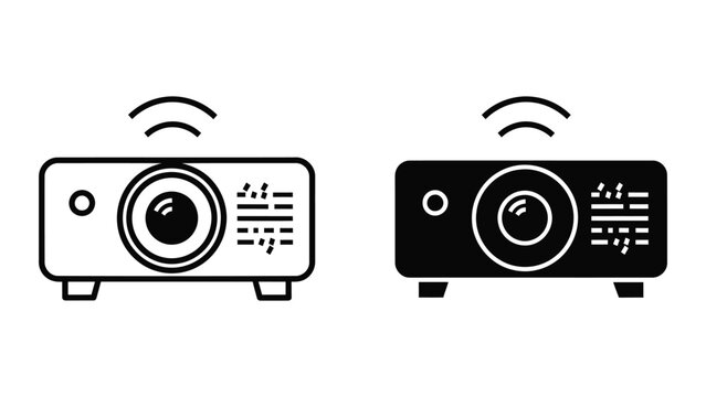 Digital data projector with signal wave line and solid vector icons isolated on transparent background