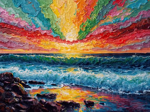 Rainbow sky sunset over teal waves in impasto painting