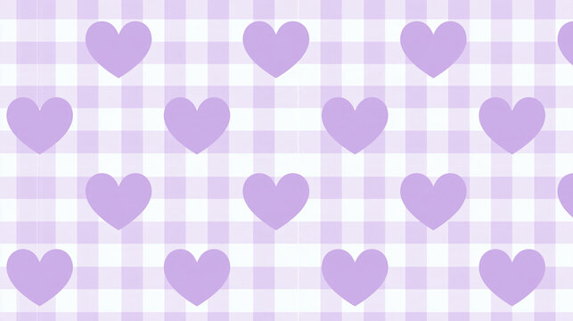 Seamless pattern featuring purple hearts displayed on a light purple and white gingham checkered background, delicate romantic design, with copy space
