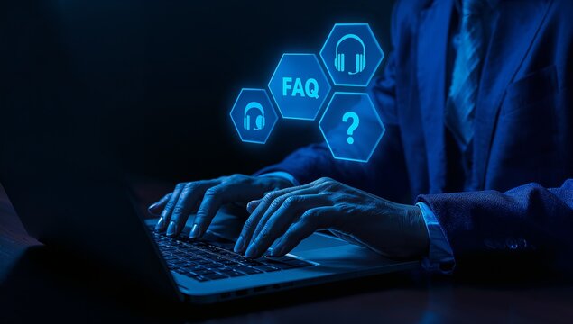 FAQ, Frequently Asked Questions Support Concept. Person using laptop with icon related to search, information, chat, customer service, support represent online help, user assistance, helpdesk, Q and A
