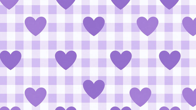 Seamless pattern featuring purple hearts displayed on a light purple and white gingham checkered background, delicate romantic design, with copy space