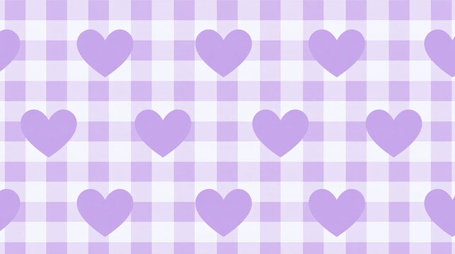 Seamless pattern featuring purple hearts displayed on a light purple and white gingham checkered background, delicate romantic design, with copy space