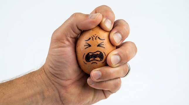 Hand holding decorated egg with sad face expression for branding and illustration projects