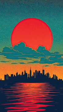 Retro sunset over city skyline and water