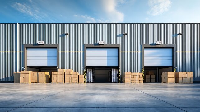 Exterior of a modern industrial warehouse with loading docks and stacked cardboard boxes in front