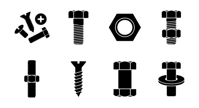 Hardware Icons: Bolts, Nuts, Screws, Fasteners Set, Vector Graphics