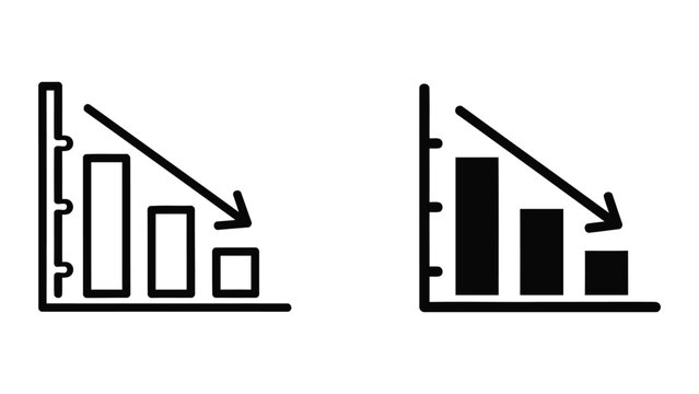 Bar chart with downward arrow vector icon set isolated on transparent background