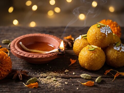 Eco Terracotta Diwali Decor with Burning Diya and Motichoor Laddoos
