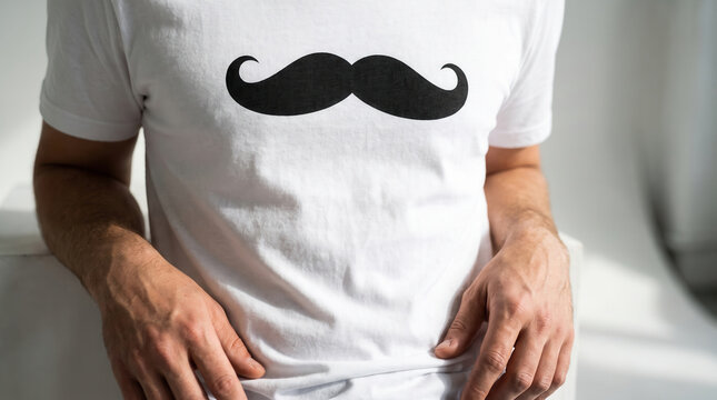 Close up of a man wearing a white t-shirt with a black mustache print for movember awareness