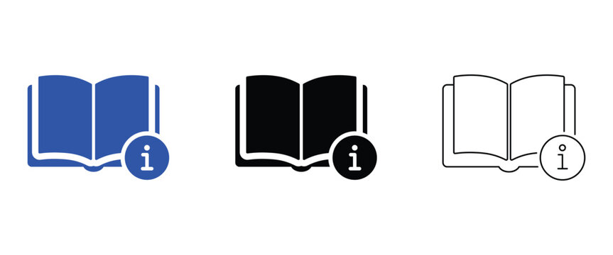 Set of open book icons with information symbol in flat and outline styles