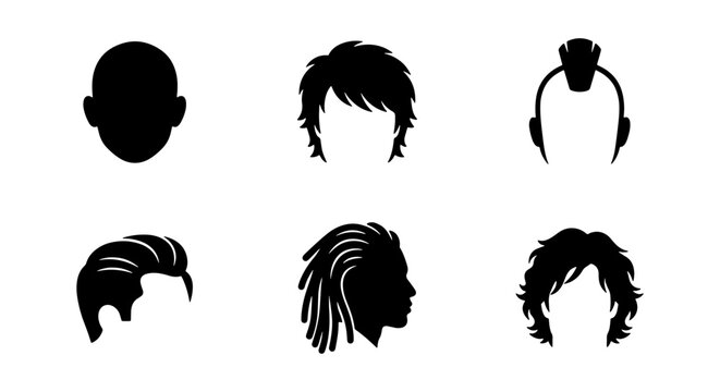 Diverse Hairstyles Icons Set, Male Hair Silhouettes, Modern & Classic Cuts