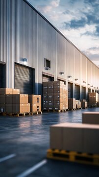 Exterior of a large metal warehouse with stacked cardboard boxes on pallets logistics and supply chain concept