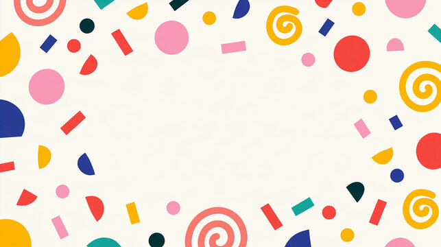 Organic horizontal pattern featuring cute pastel confetti shapes, circles, swirls and half-circles, playful celebration design, with copy space