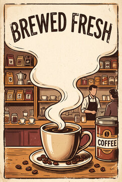 Retro vintage style coffee shop, cafe print flyer poster template with steaming cup of coffee on counter, empty space for custom text, cafe menu leaflet brochure cover design