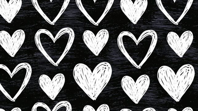 Hand-drawn doodle heart pattern background featuring black and white sketchy love symbols, crayon-textured seamless vector design for Valentine's Day, with copy space