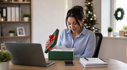 Fototapeta premium Surprised Businesswoman Opening Christmas Gift in Office