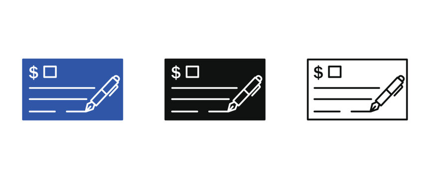 Bank check icon set with pen, financial payment document, vector illustration of a checkbook leaf for banking and money transfer concepts
