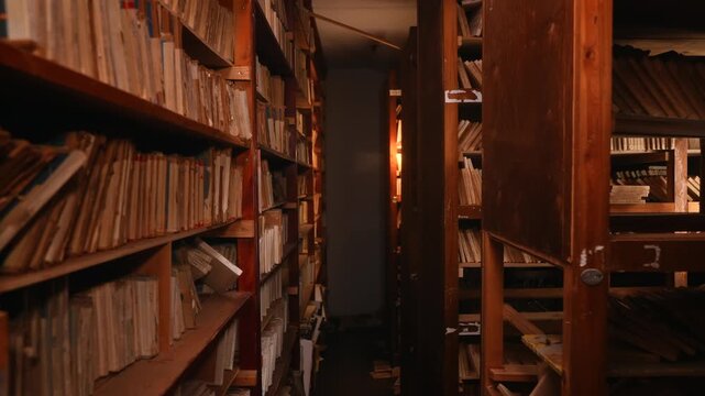 Old archive folders with radio reel recordings stand on wooden shelves in warm light. Concept of audio preservation, media history, library, research, heritage, broadcast archive.