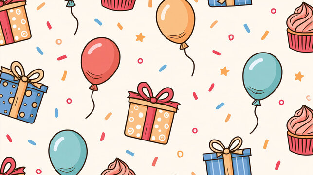 Cute hand-drawn birthday seamless pattern featuring balloons, gifts and cupcakes, festive party design, with copy space