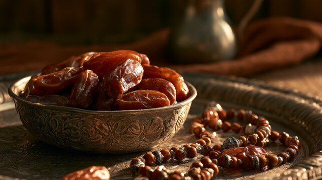Beautiful Ramadan-themed stock photo featuring Arabian dates arranged in a decorative bowl alongside Islamic prayer beads, creating a traditional and festive composition.