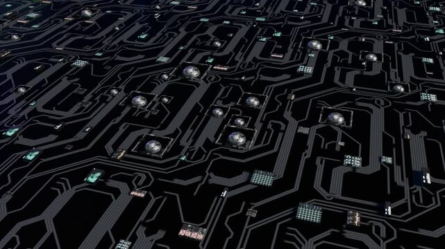 A dark futuristic circuit board floor featuring interconnected electronic components, illuminated processors, and metallic spherical data nodes. The high-tech digital infrastructure .