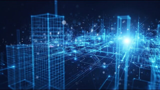 Futuristic cityscape with glowing blue wireframe buildings and connecting data points in a digital network
