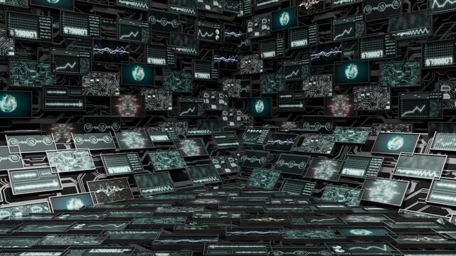 A high-tech futuristic digital environment featuring a large collection of floating monitors displaying data graphs, waveforms, circuit diagrams, analytics, numerical information, 