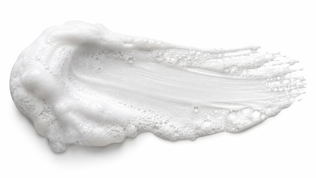 Cleansing mousse in a broad swipe, white aerated texture shown as realistic detail on plain background for personal care packaging