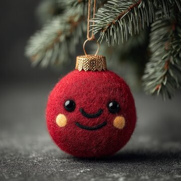 Christmas holiday joy and festive spirit handmade felt red bauble ornament with cute smiling face hanging on a pine tree branch for seasonal decor