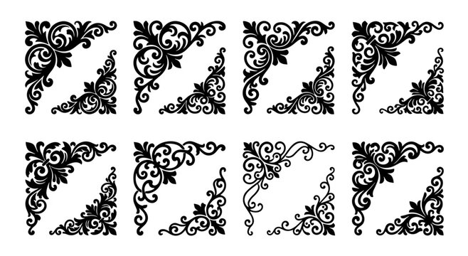 Vintage ornate flourish corner borders black vector set.