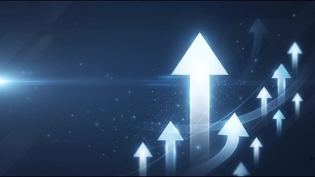 Dynamic blue background with multiple glowing arrows pointing upwards symbolizing growth and positive direction